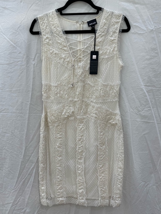 Just Cavalli Dresses & Skirts - Just Cavalli white beaded Mini Dress with Lace-Up Neckline NWT